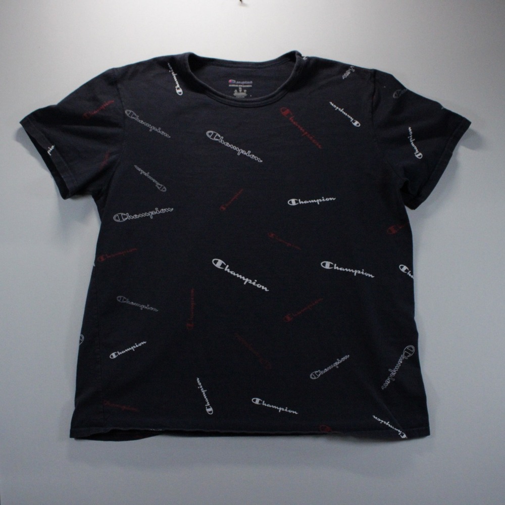 Champion Vintage Style All Over Print Spellout Logo T-Shirt Navy XL Streetwear